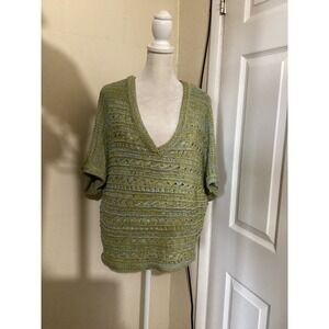 Vertigo Womens Green Blue Open Knit V-Neck Dolman Short Sleeve Sweater Top M